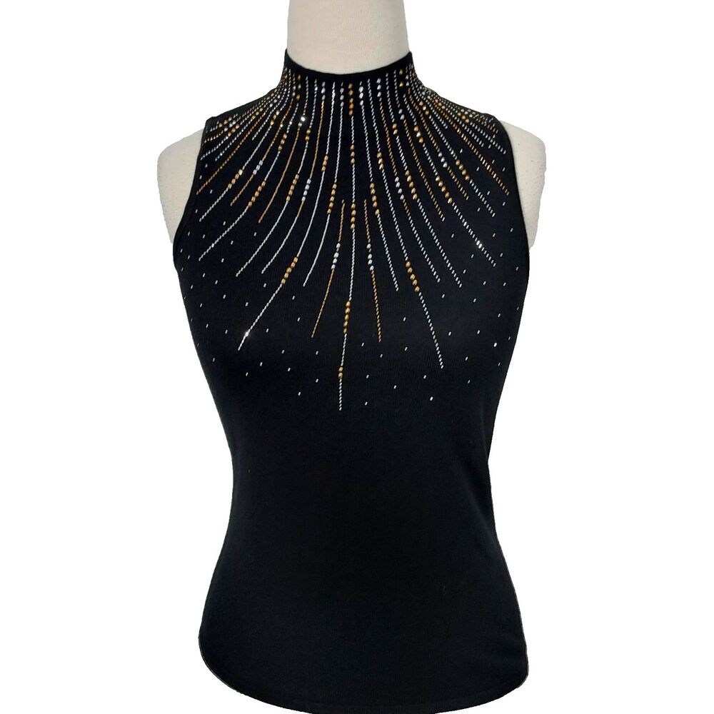 Tahari Shirt Top Rhinestone Mock Neck Sleeveless Women Size XS Black Stretch